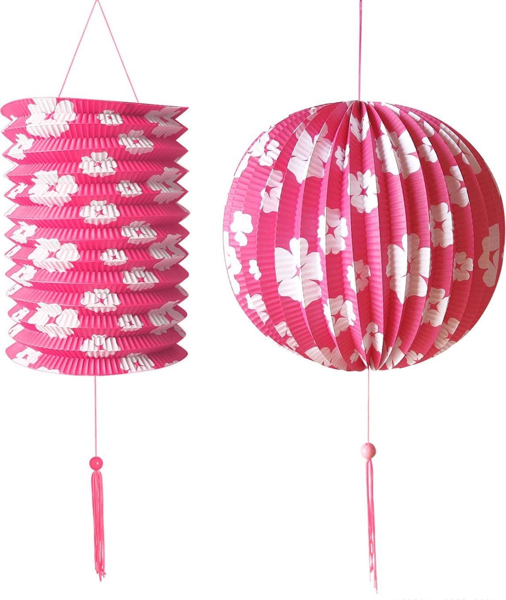 WIDMANN - 2 roze lantaarns met witte Hawaii bloemen - Decoratie > Slingers en hangdecoraties